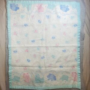 Vintage Cuddle Time Baby Blanket Blue Satin Edge 1980's Bunny Teddy Bear Clouds
